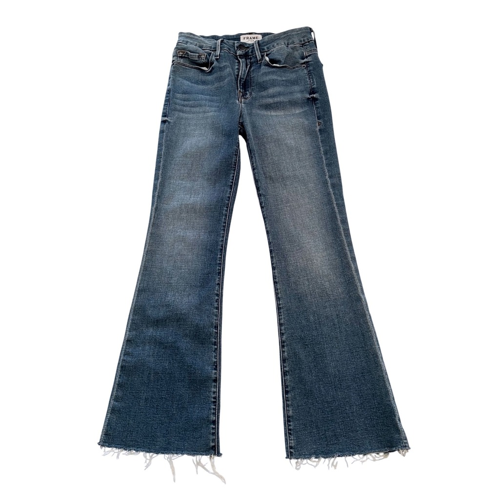 FRAME Le Crop Mini Boot Jeans Blue Raw Hem High Rise Denim Sz 26